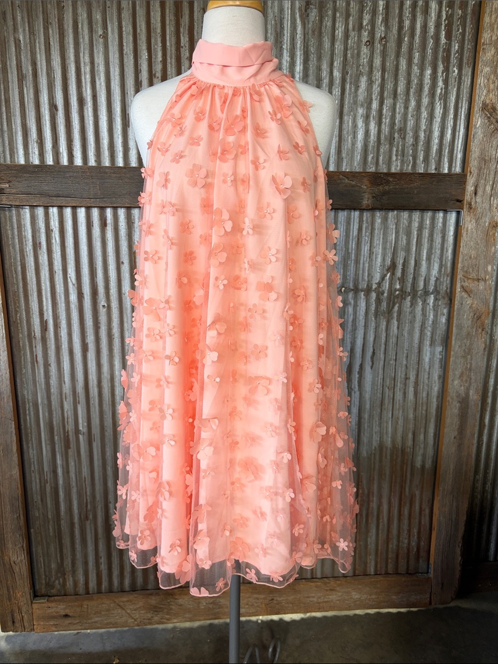 entro Peach Floral Appliqué Halter Dress